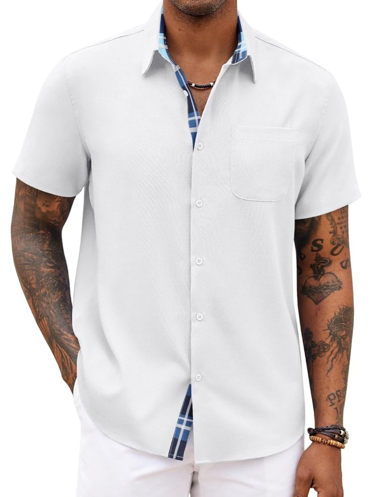 Men's White Blue Plaid Short Sleeve Casual Summer Breathable Button Down Shirts